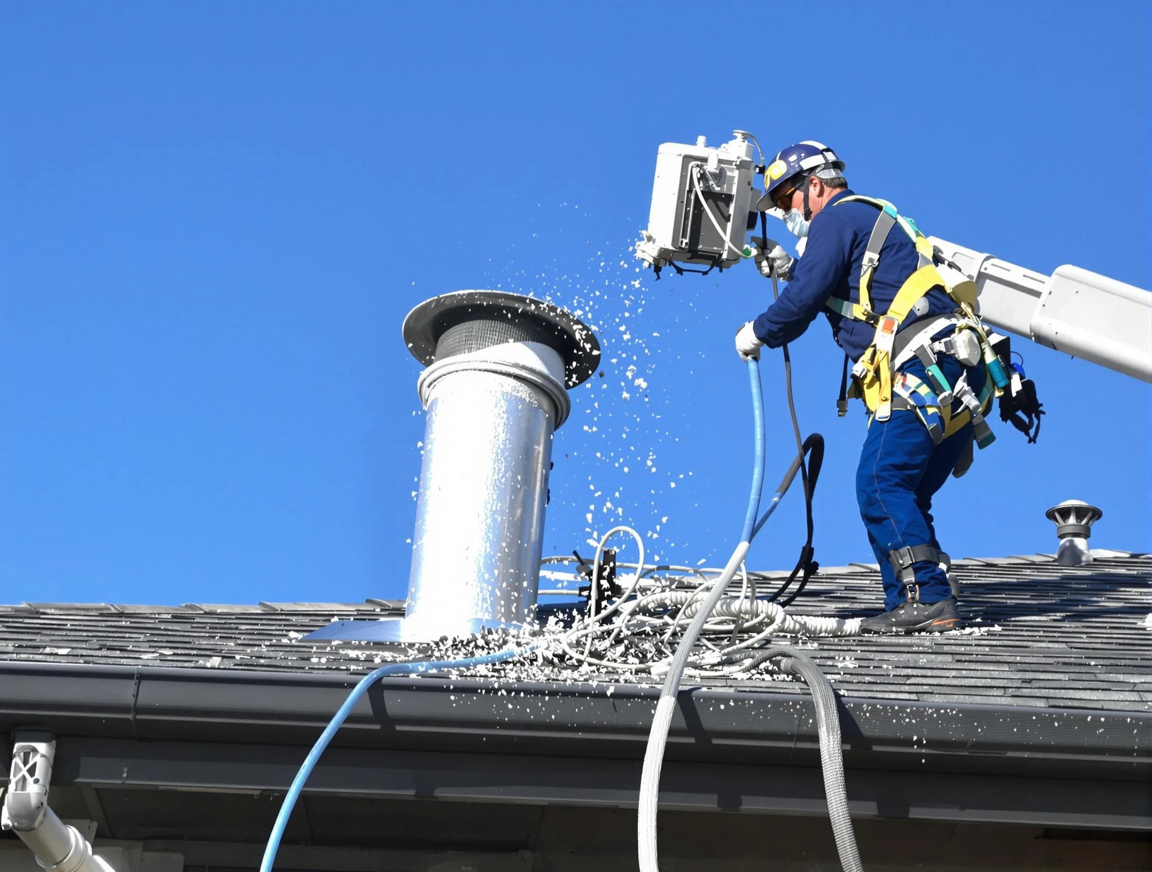 Lake of the Woods Dryer Vent Cleaning certified technician safely cleaning a roof-mounted dryer vent in Lake of the Woods