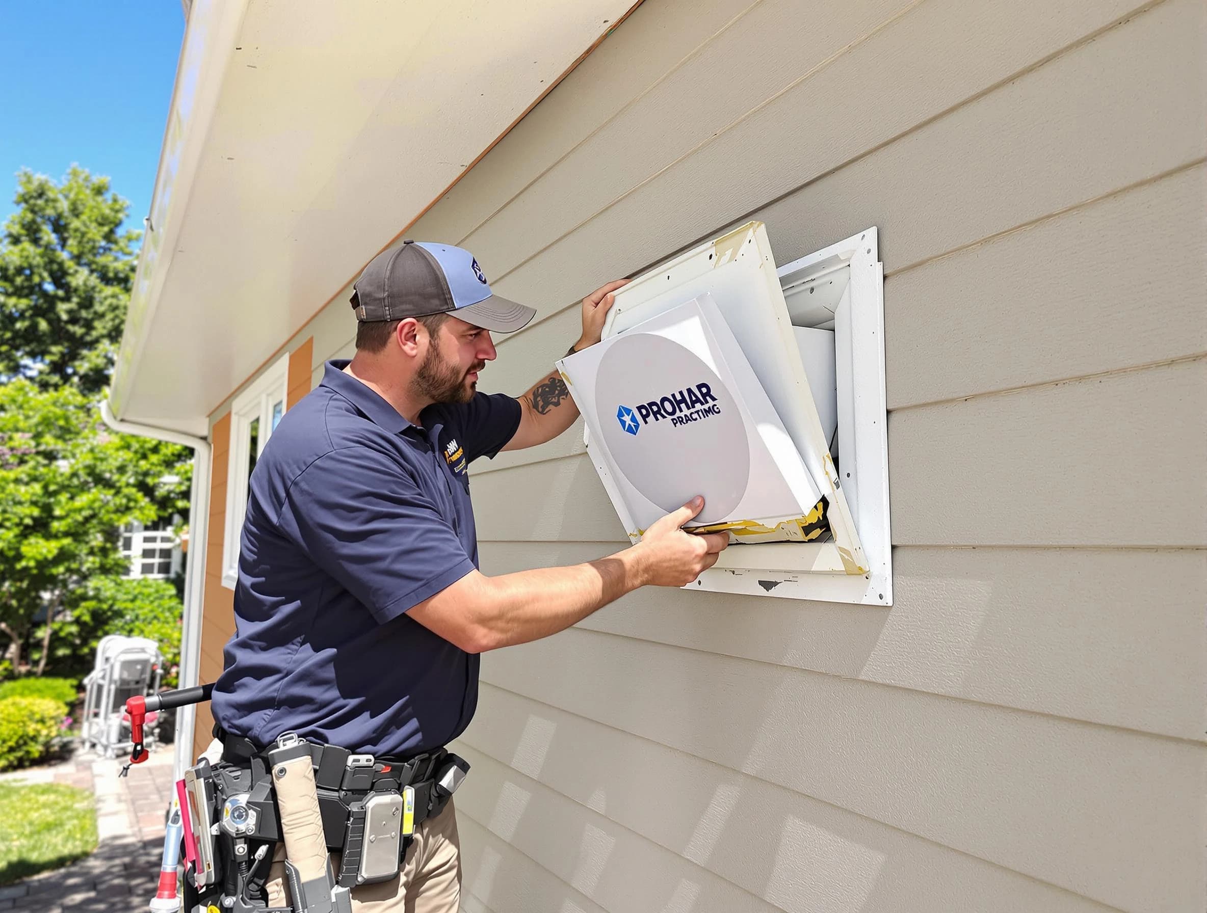Lake of the Woods Dryer Vent Cleaning technician installing a new protective dryer vent cover on a home in Lake of the Woods