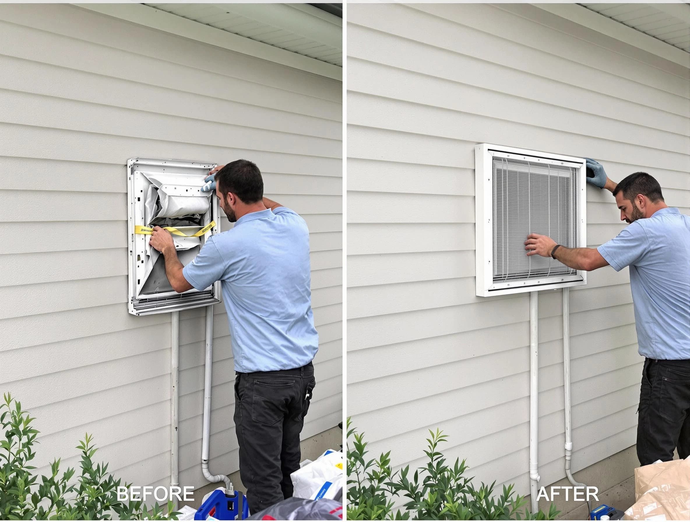 Lake of the Woods Dryer Vent Cleaning technician installing high-quality dryer vent cover at a residential property in Lake of the Woods