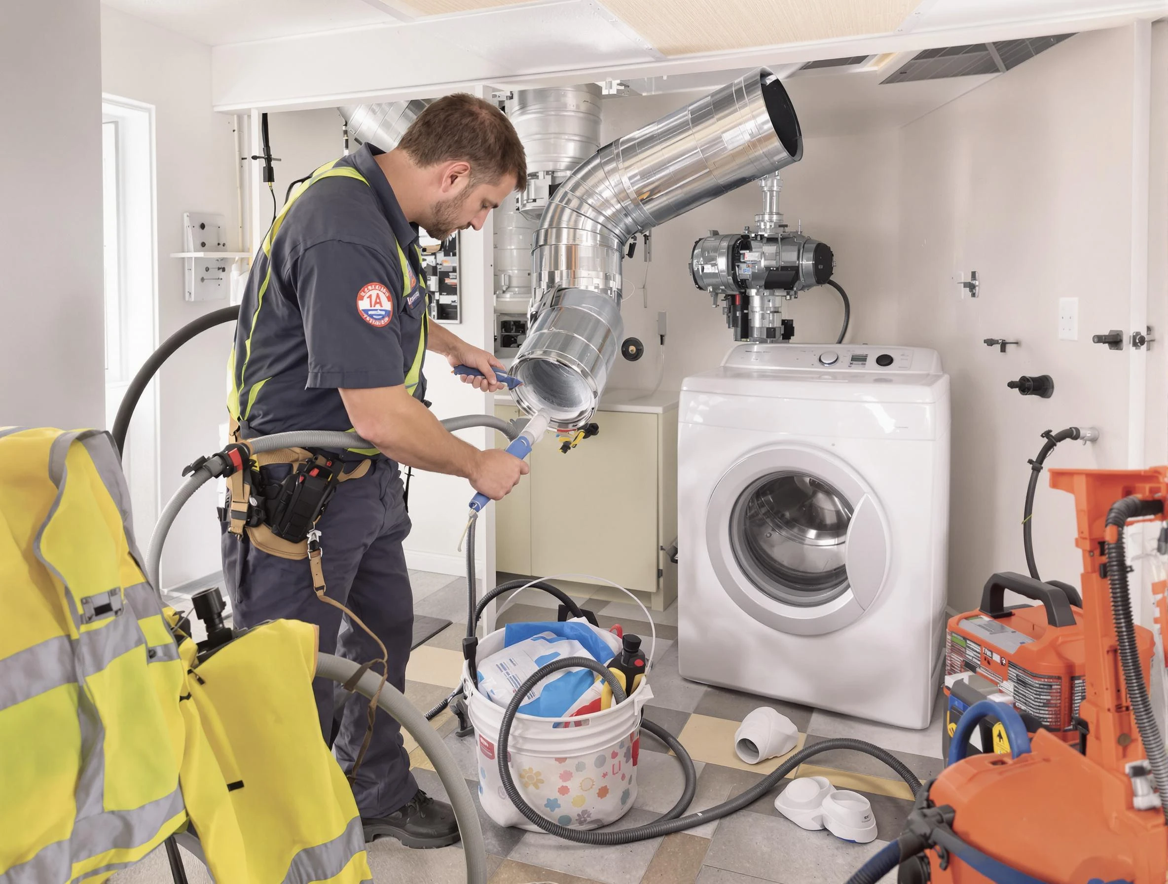 Lake of the Woods Dryer Vent Cleaning technician using specialized equipment to clear severe dryer vent blockage in Lake of the Woods