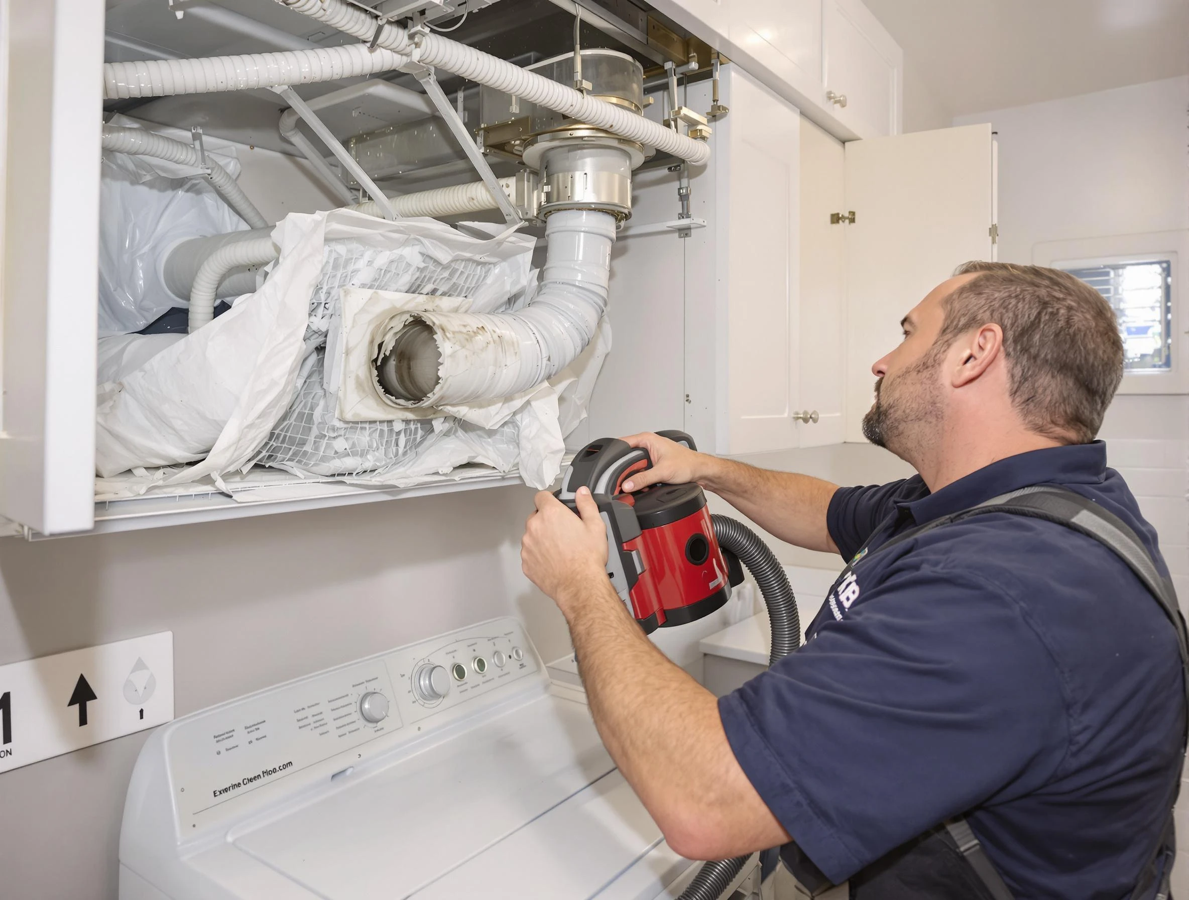 Lake of the Woods Dryer Vent Cleaning technician performing professional exhaust vent cleaning at a residential property in Lake of the Woods